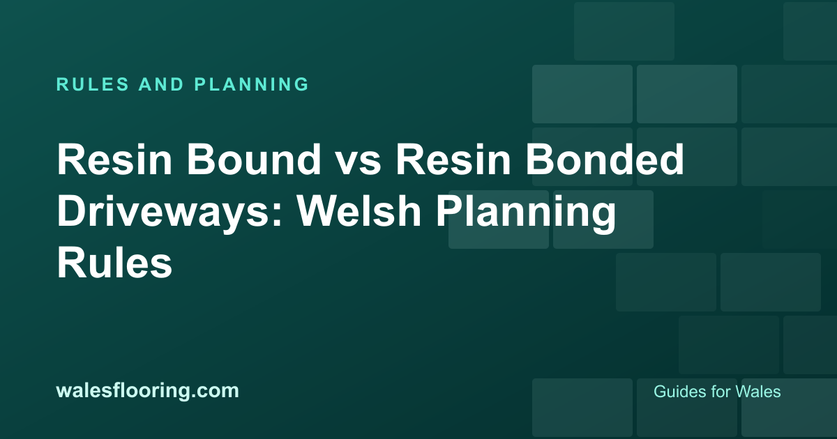 Illustration card titled Resin Bound vs Resin Bonded Driveways: Welsh Planning Rules